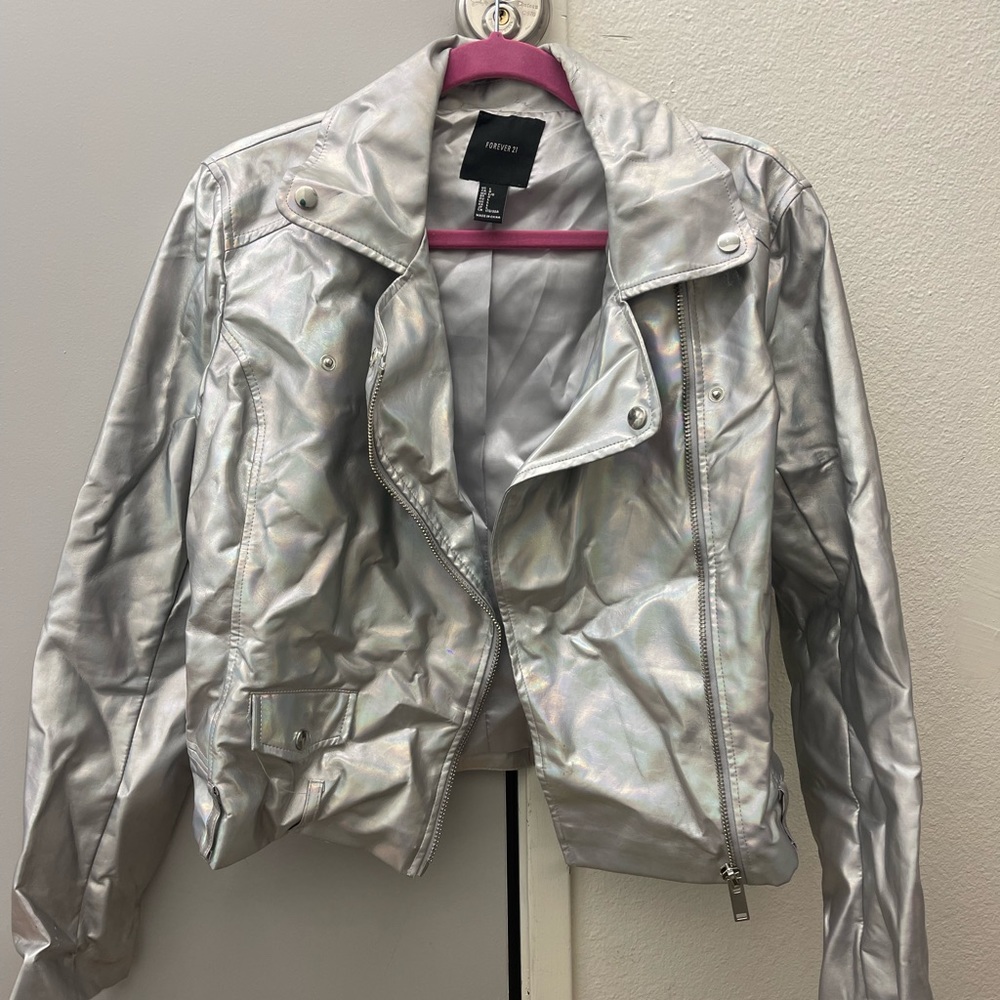 silver / iridescent moto jacket